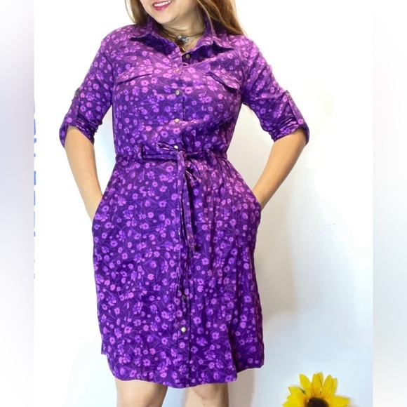 Merona Dresses & Skirts - NWOT Merona Purple Floral 3/4 Sleeve Belted Shirt Dress with Pockets, Size L